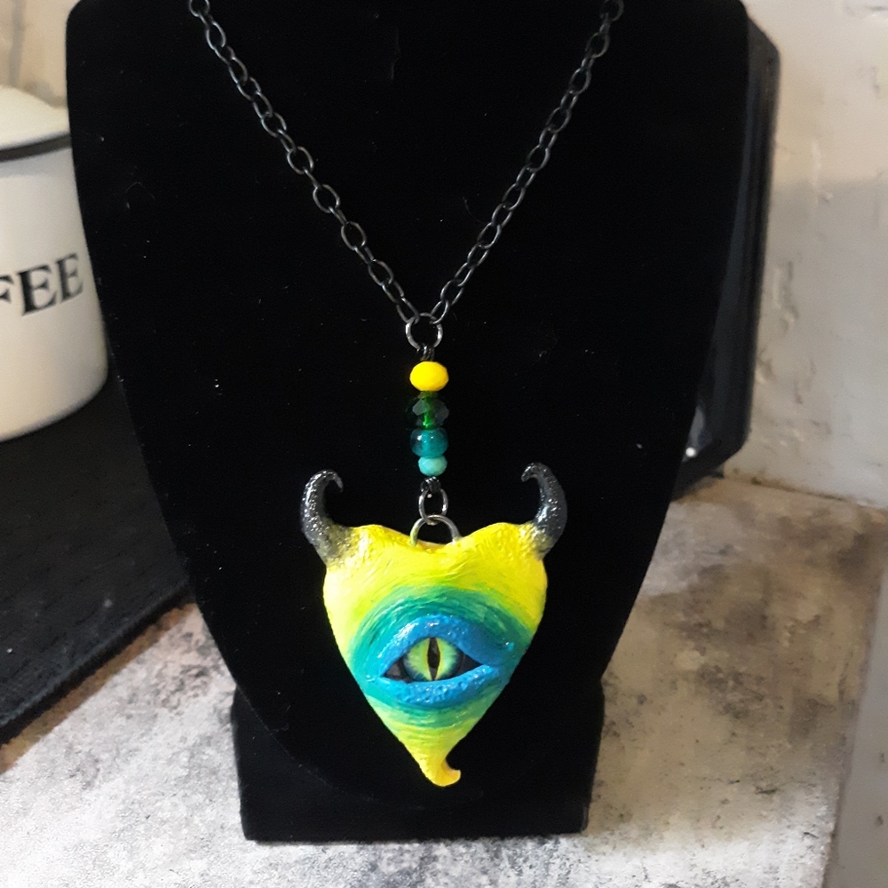 Green Blue Yellow Horned Heart Pendant Necklace